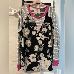 Sew In Love Black and Gray Floral Blouse with Pink Accents